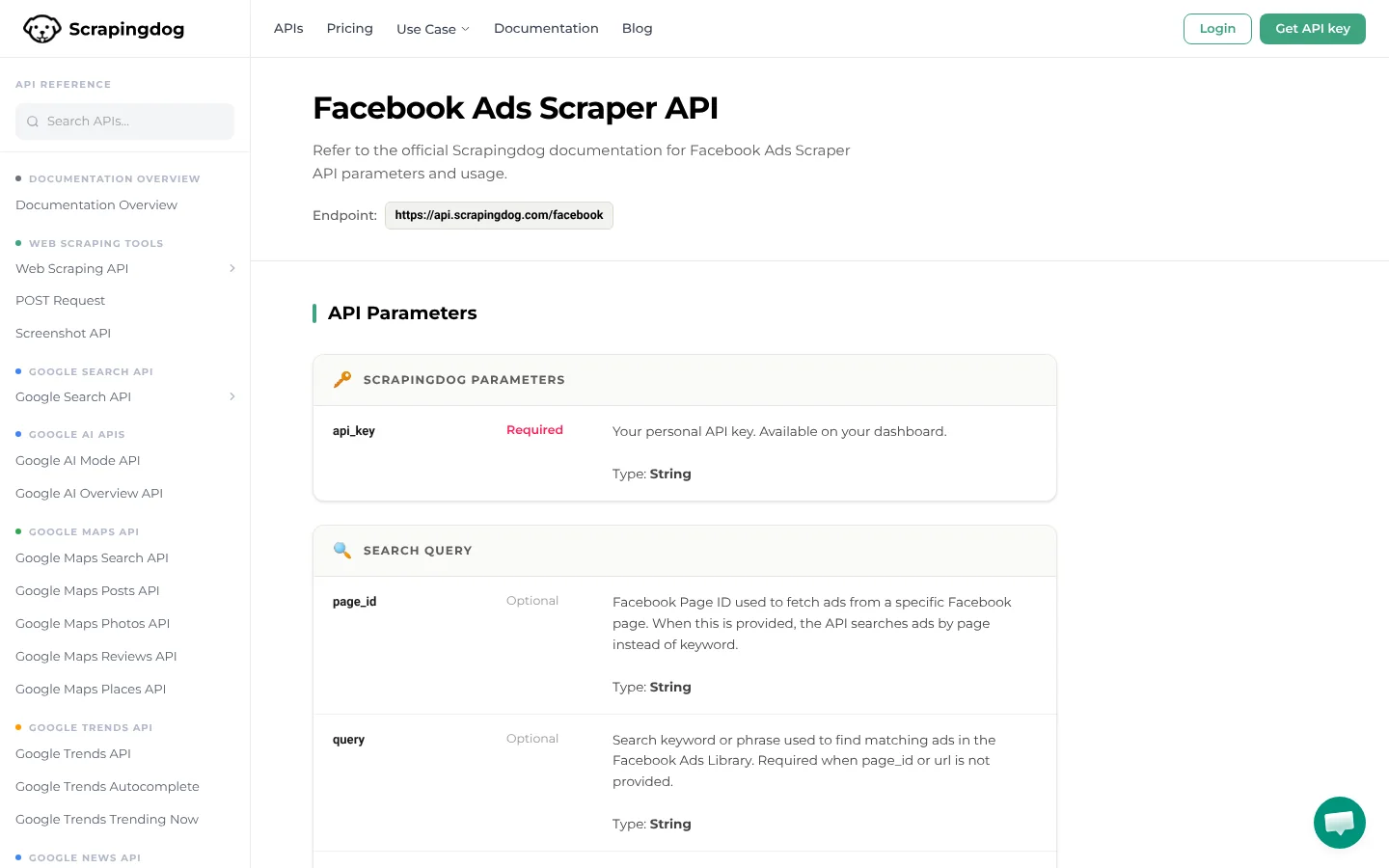ScrapingDog Facebook Ads Scraper API website