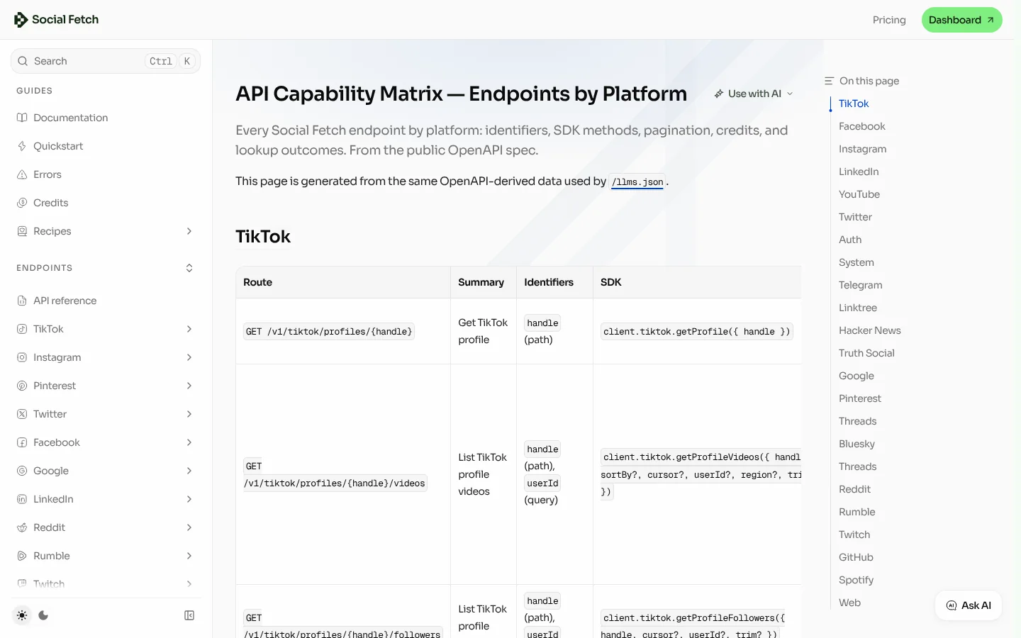 Social Fetch Facebook API documentation