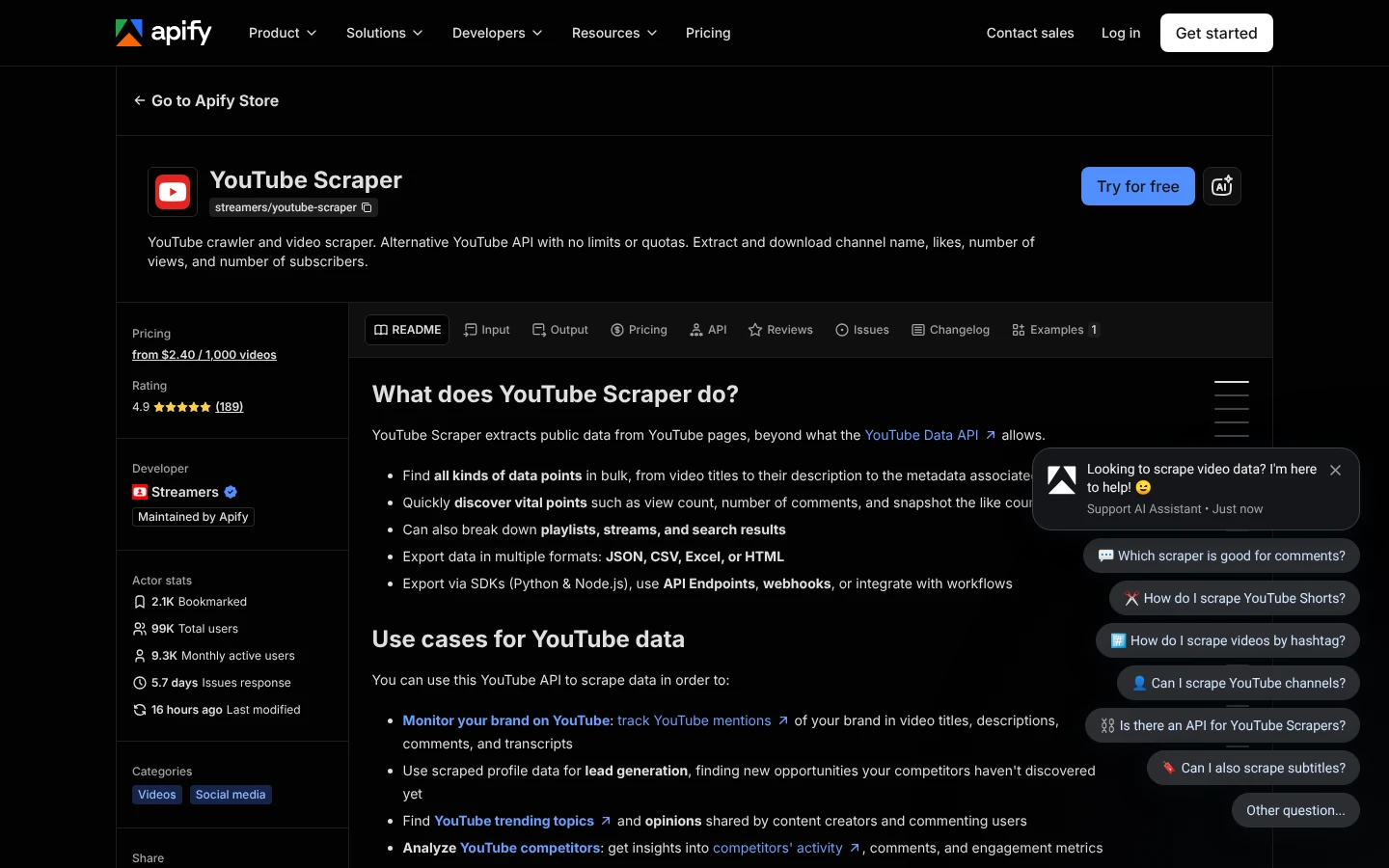 Apify YouTube Actors website