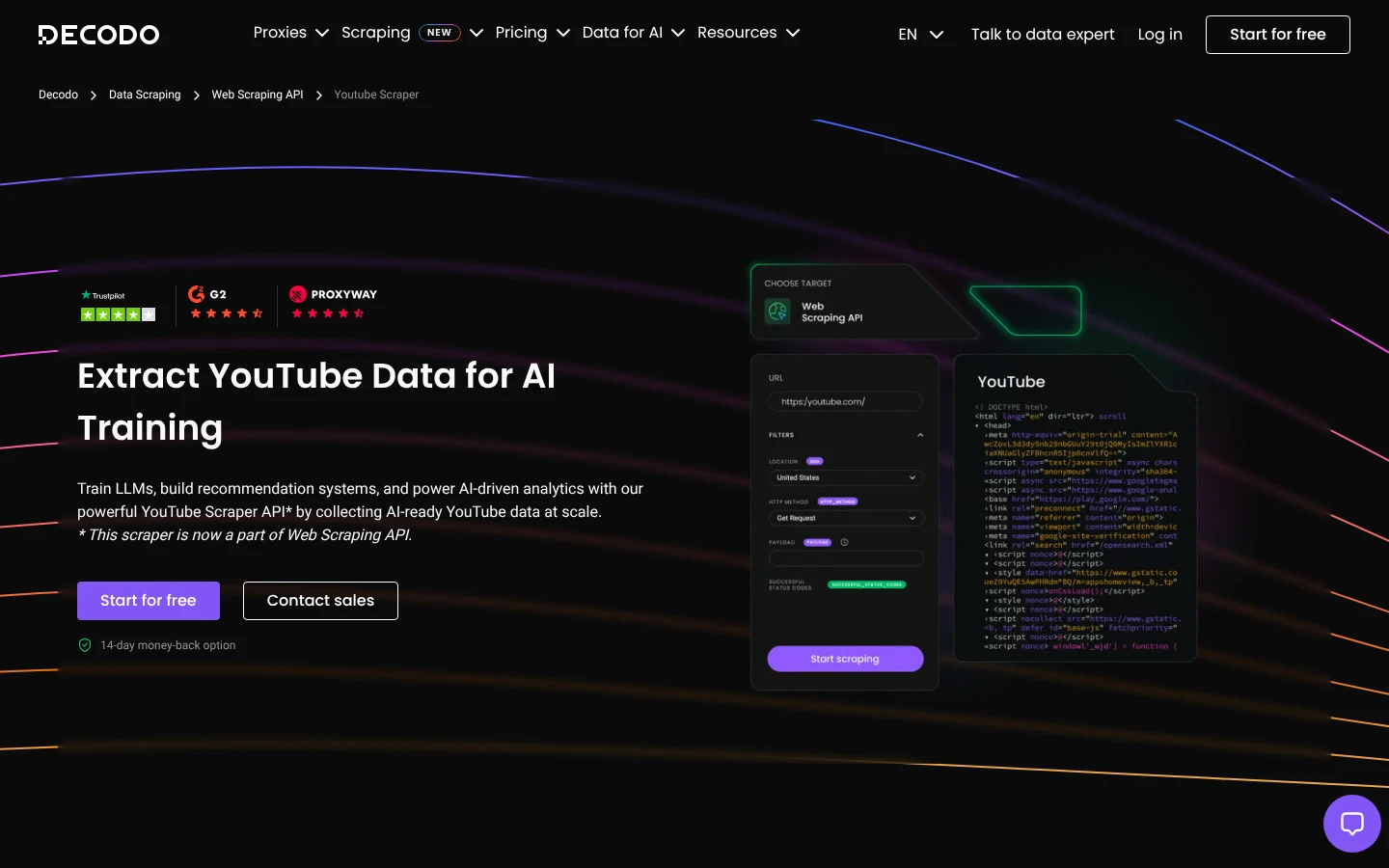 Decodo YouTube Scraper API website
