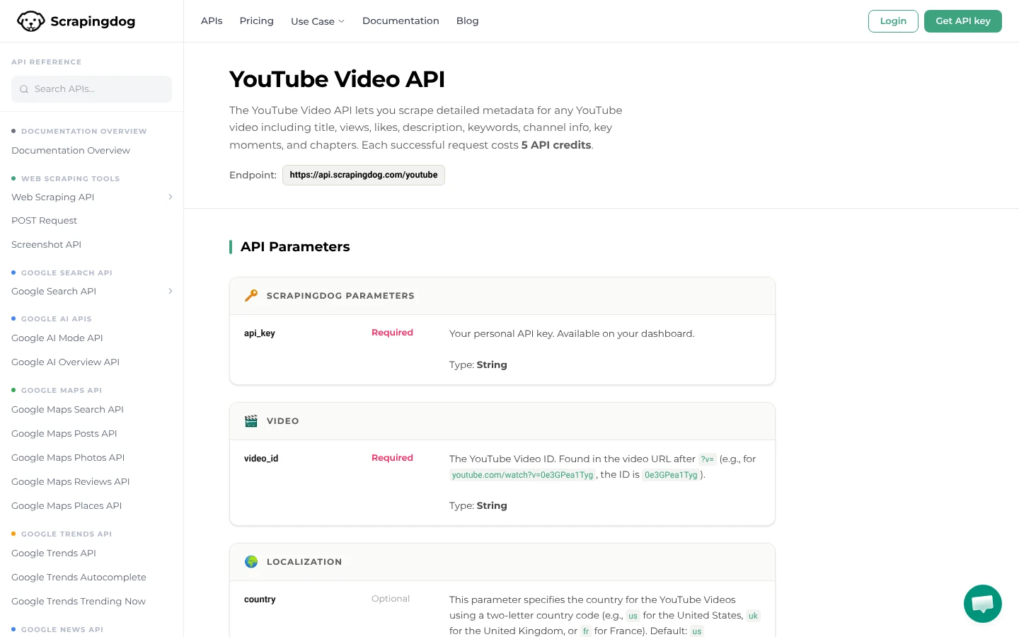 ScrapingDog YouTube Video API website