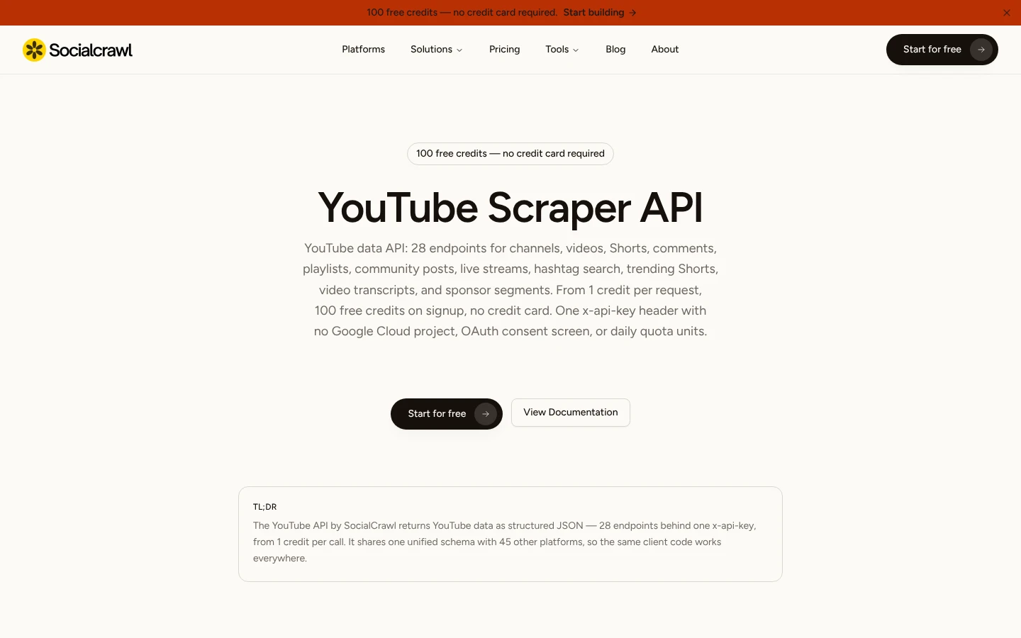 SocialCrawl YouTube Scraper API website
