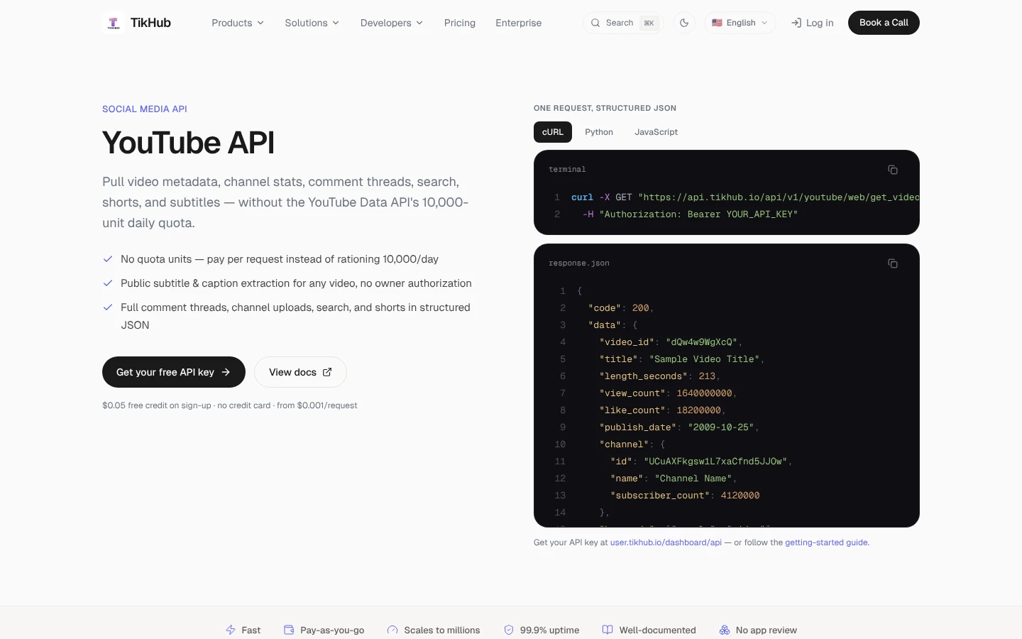 TikHub YouTube API website