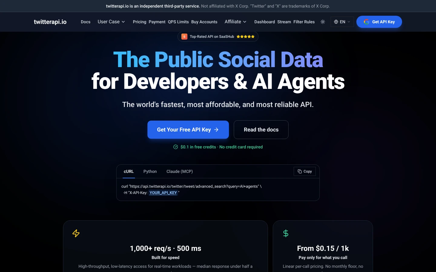 TwitterAPI.io Official website snapshot